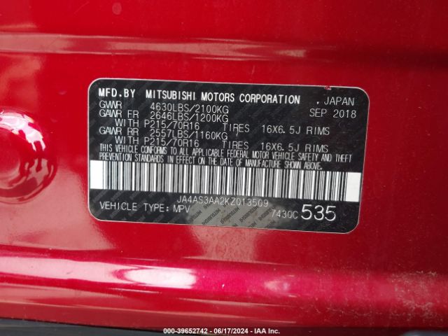JA4AS3AA2KZ013509 Mitsubishi Eclipse Cross Es