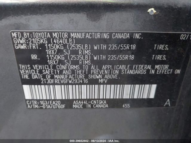 2T3DFREV6FW293416 Toyota Rav4 Limited