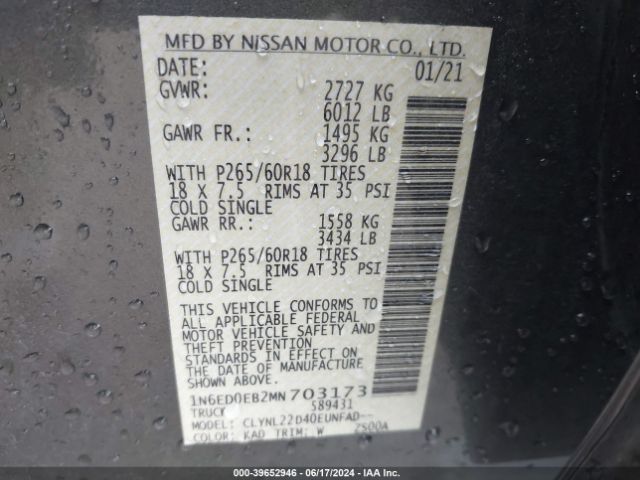 1N6ED0EB2MN703173 Nissan Frontier Sv 4x4
