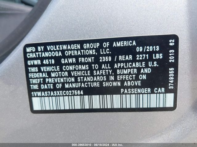 1VWAS7A3XEC027564 Volkswagen Passat 1.8t Wolfsburg Edition