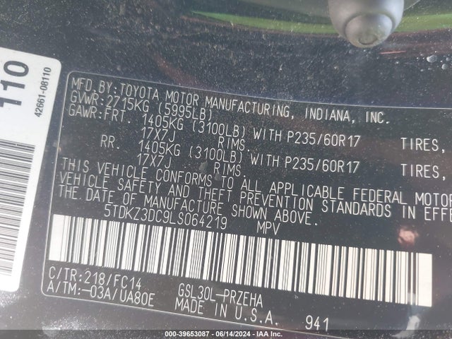 Toyota SIENNA LE 2020 5TDKZ3DC9LS064219 Image 9