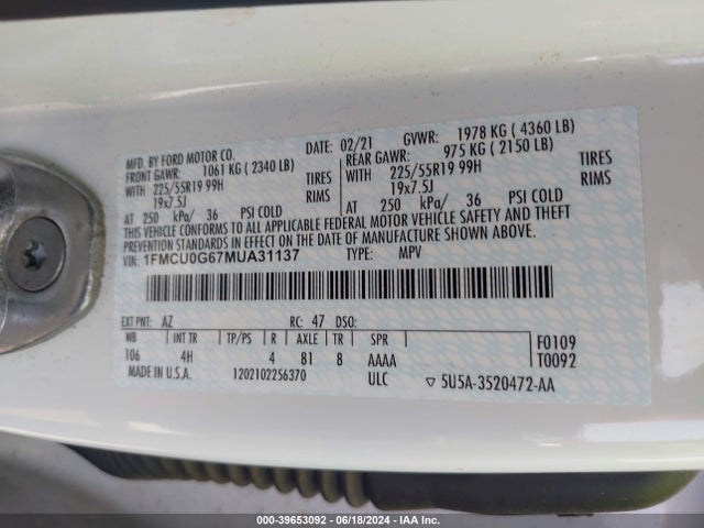 Ford ESCAPE SE 2021 1FMCU0G67MUA31137 Image 9