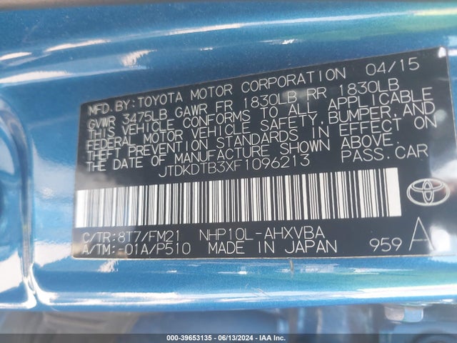 Toyota Prius C Two 2015 JTDKDTB3XF1096213 Image 9
