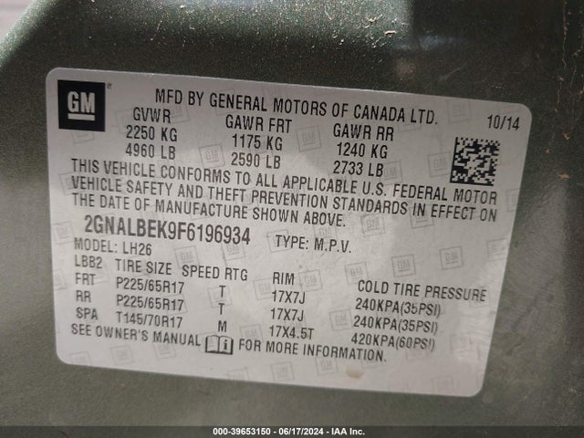 Chevrolet EQUINOX 1LT 2015 2GNALBEK9F6196934 Image 9