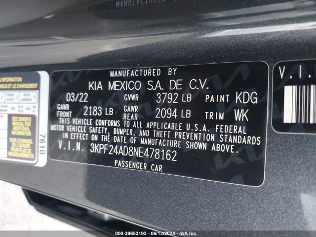 3KPF24AD8NE478162 KIA Forte Lxs