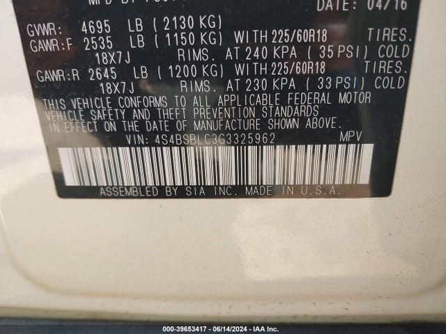 Subaru Outback 2.5i Limited 2016 4S4BSBLC3G3325962 Image 9