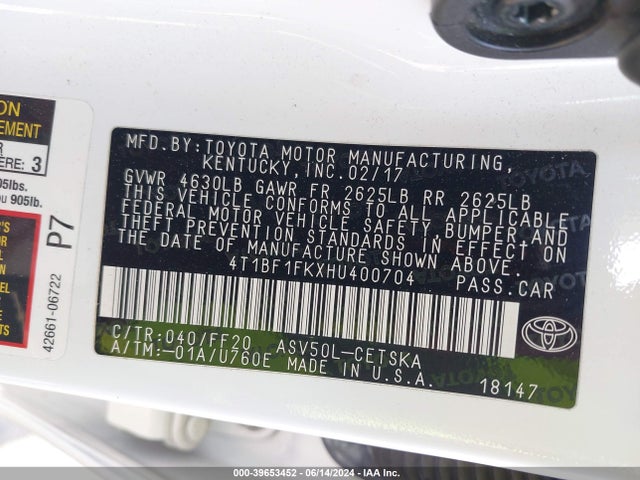 Toyota CAMRY SE 2017 4T1BF1FKXHU400704 Image 9