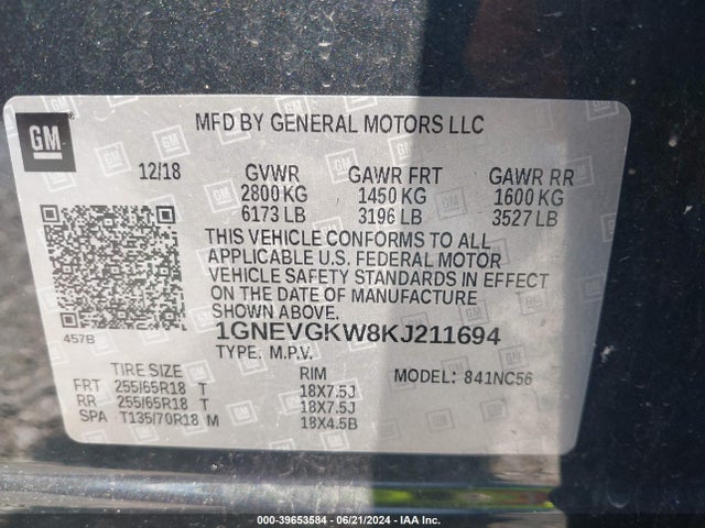 Chevrolet Traverse 1lt 2019 1GNEVGKW8KJ211694 Image 9