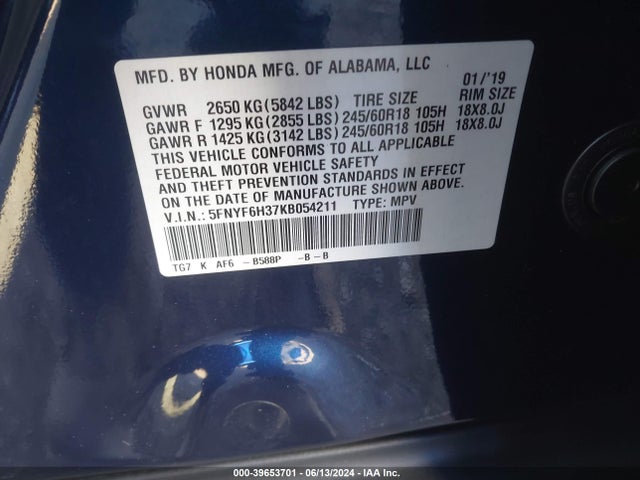 Honda Pilot Ex 2019 5FNYF6H37KB054211 Image 9