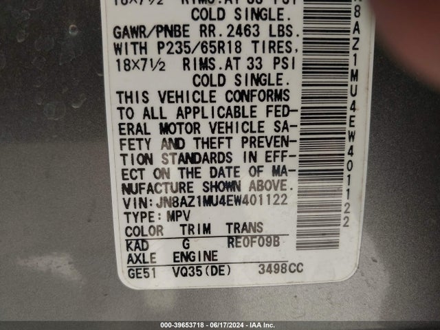 Nissan MURANO SL 2014 JN8AZ1MU4EW401122 Image 9