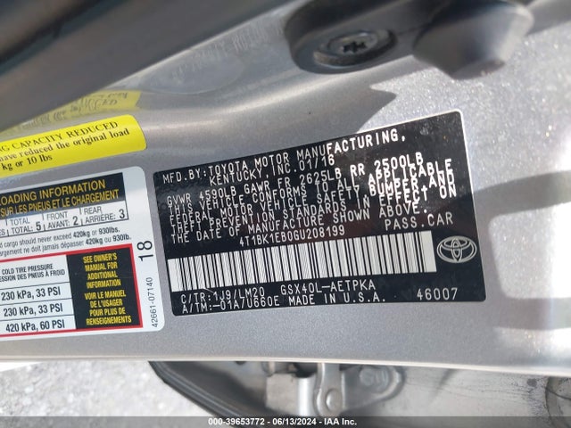 Toyota AVALON LIMITED 2016 4T1BK1EB0GU208199 Image 9