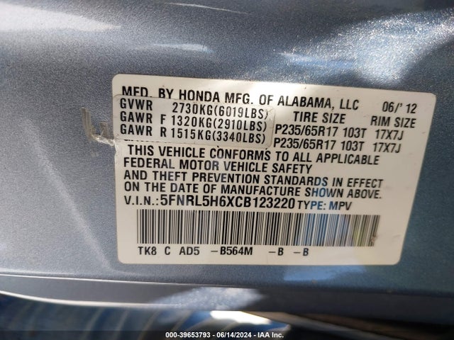 Aukcja sprzedaży 2012 Honda Odyssey Ex-l, vin: 5FNRL5H6XCB123220, numer aukcji: 39653793