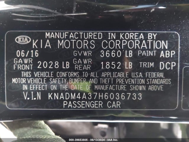 KNADM4A37H6036733 KIA RIO LX