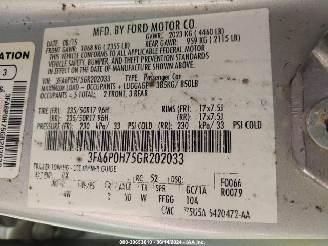 Ford FUSION SE 2016 3FA6P0H75GR202033 Image 9