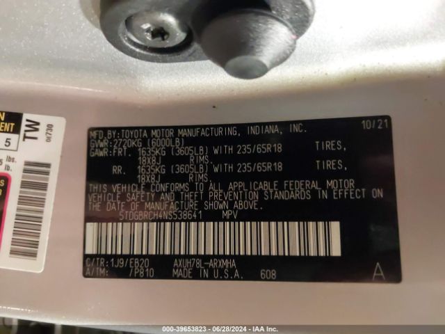 5TDGBRCH4NS538641 Toyota Highlander Hybrid Xle