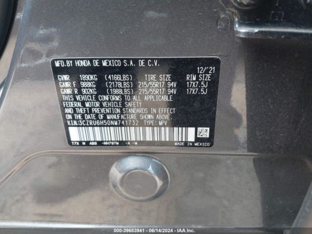 3CZRU6H50NM741732 Honda Hr-v Awd Ex