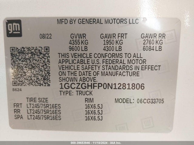1GCZGHFP0N1281806 Chevrolet Express Cargo Rwd 3500 Extended Wheelbase Wt
