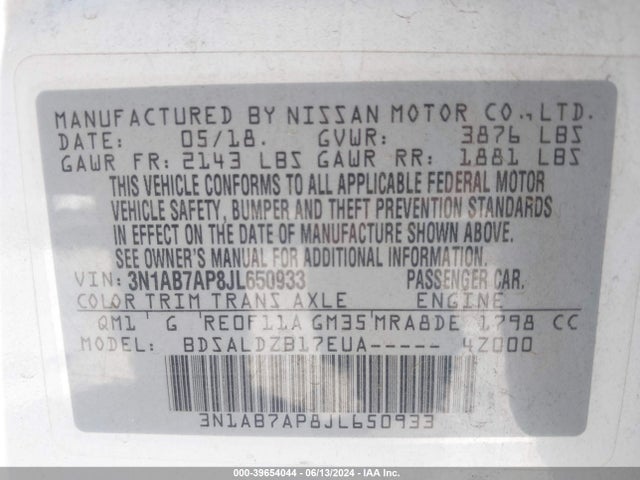 Nissan SENTRA SV 2018 3N1AB7AP8JL650933 Image 9