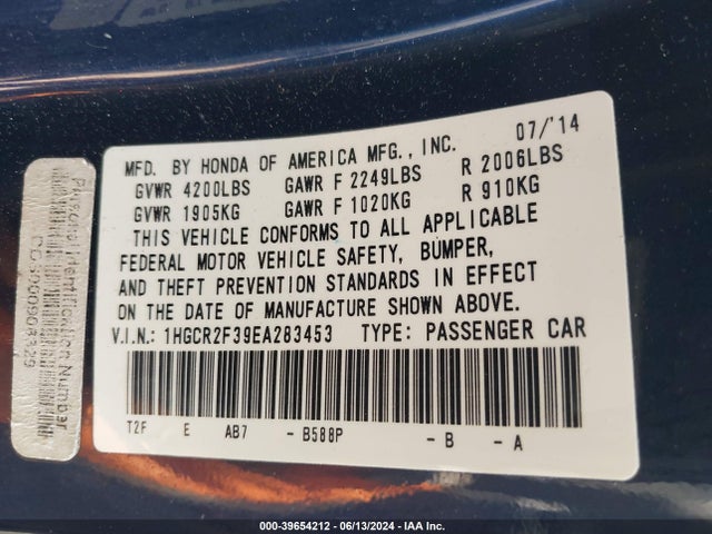 Honda ACCORD LX 2014 1HGCR2F39EA283453 Image 9