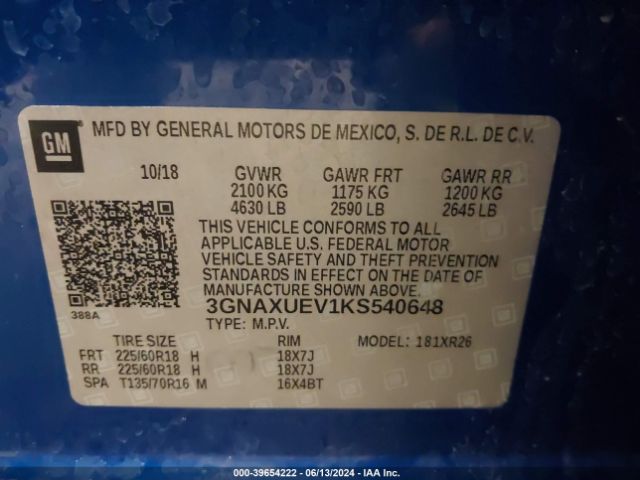 3GNAXUEV1KS540648 Chevrolet EQUINOX LT