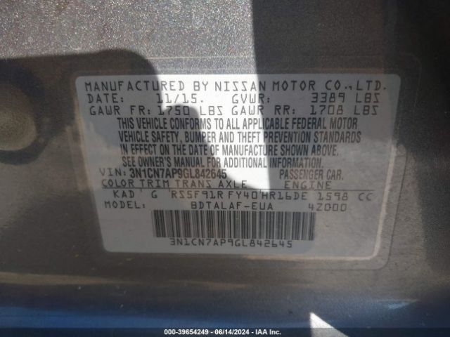 3N1CN7AP9GL842645 Nissan Versa 1.6 S