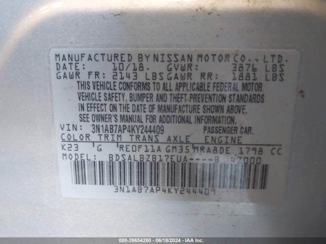 Nissan SENTRA S 2019 3N1AB7AP4KY244409 Image 9