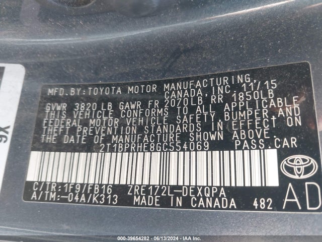 Toyota Corolla Le Eco 2016 2T1BPRHE8GC554069 Image 9