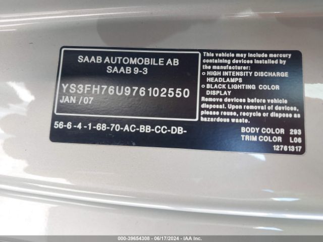 2007 SAAB 9-3 YS3FH76U976102550 Photo 8