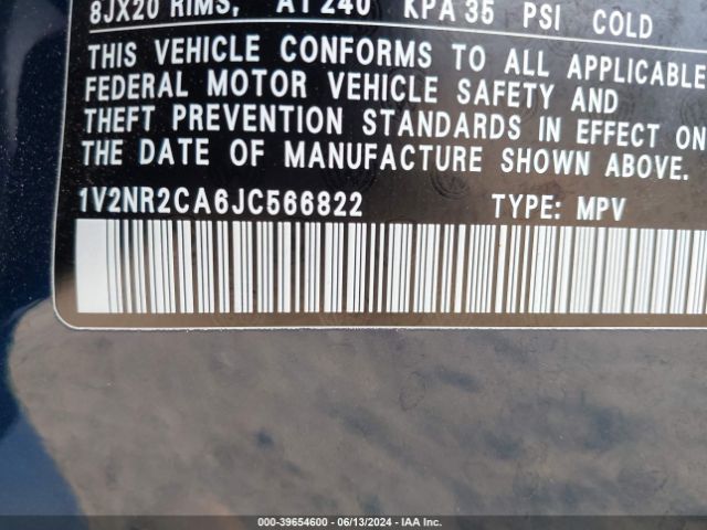 1V2NR2CA6JC566822 Volkswagen Atlas 3.6l V6 Sel Premium