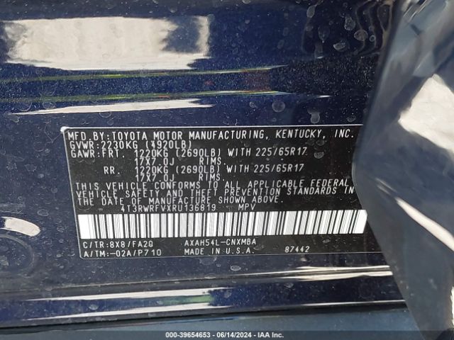 4T3RWRFVXRU136819 Toyota Rav4 Xle Hybrid