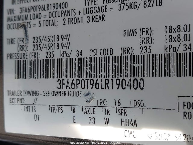 Ford FUSION SE 2020 3FA6P0T96LR190400 Image 9