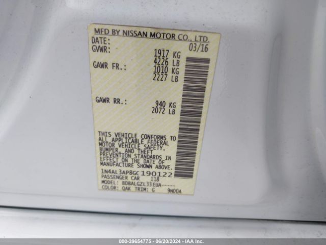 1N4AL3AP8GC190122 Nissan Altima 2.5/2.5 S/2.5 Sl/2.5 Sr/2.5 Sv