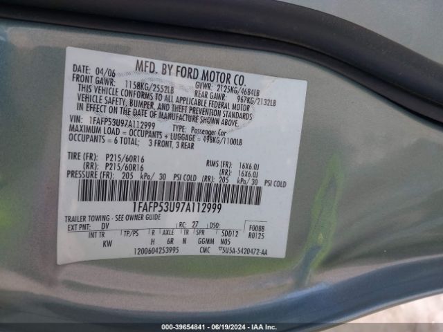Auction sale of the 2007 Ford Taurus Se, vin: 1FAFP53U97A112999, lot number: 39654841