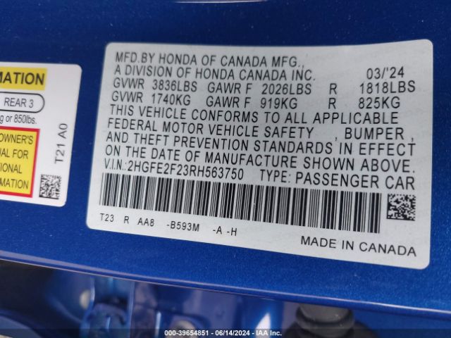 2HGFE2F23RH563750 Honda Civic Lx