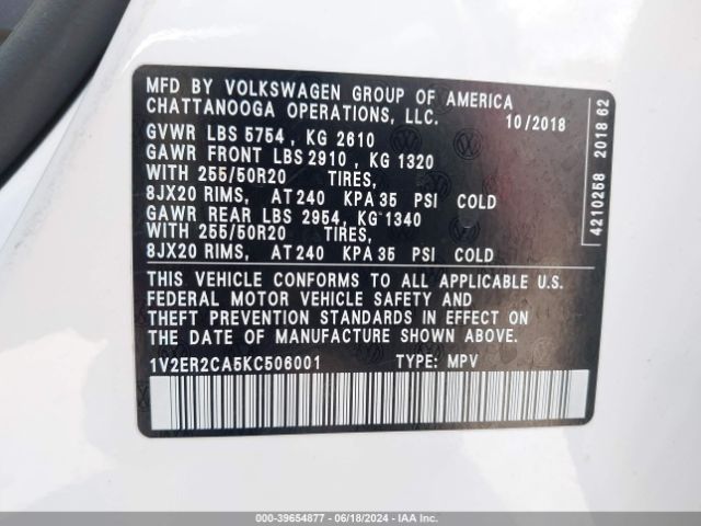 1V2ER2CA5KC506001 Volkswagen Atlas 3.6l V6 Sel