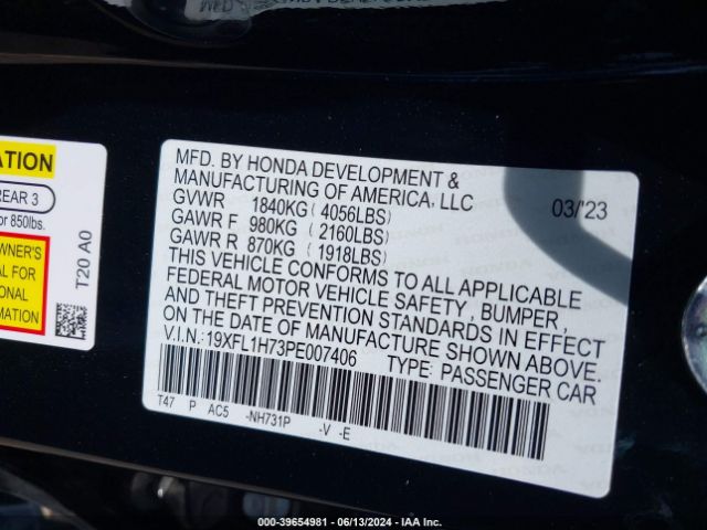 19XFL1H73PE007406 Honda Civic Ex-l /ex-l W/o Bsi