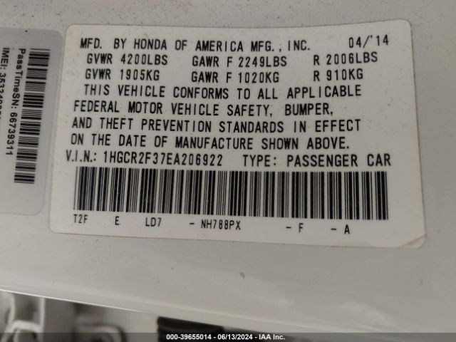 1HGCR2F37EA206922 Honda ACCORD LX