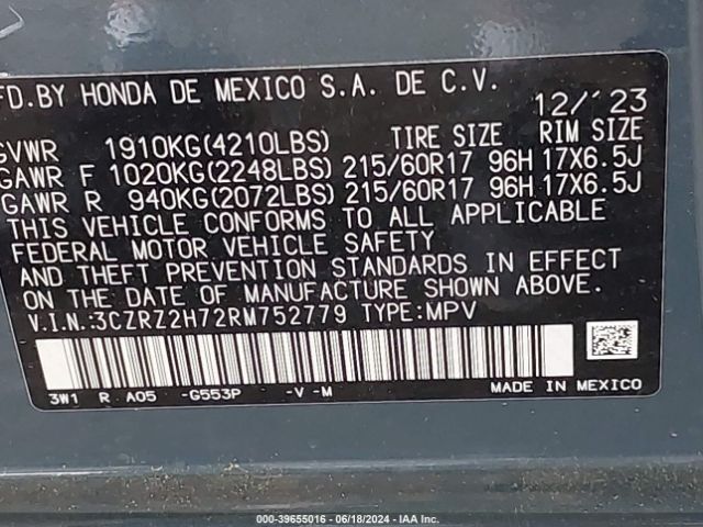 3CZRZ2H72RM752779 Honda HR-V