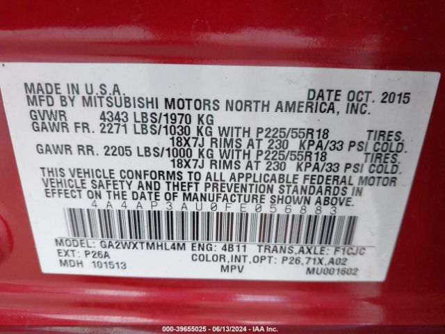 4A4AP3AU0FE056883 Mitsubishi Outlander Sport Es