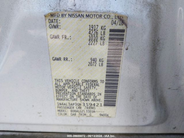1N4AL3AP3GN359421 Nissan Altima 2.5/2.5 S/2.5 Sl/2.5 Sr/2.5 Sv