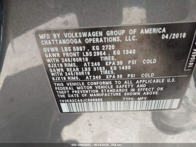 1V2KR2CA9JC566865 Volkswagen Atlas 3.6l V6 Se