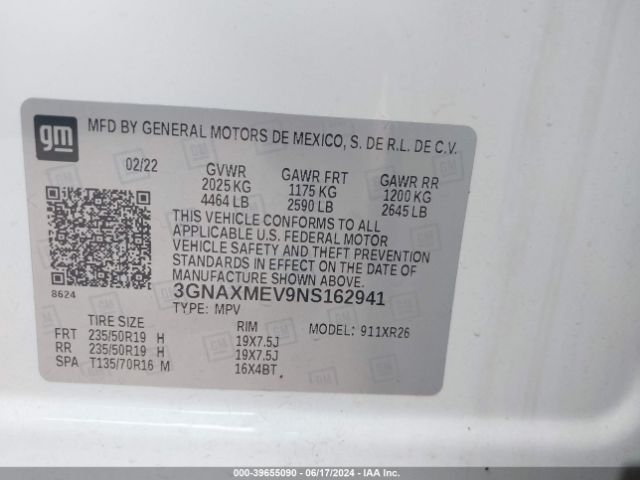 3GNAXMEV9NS162941 Chevrolet Equinox Fwd Rs