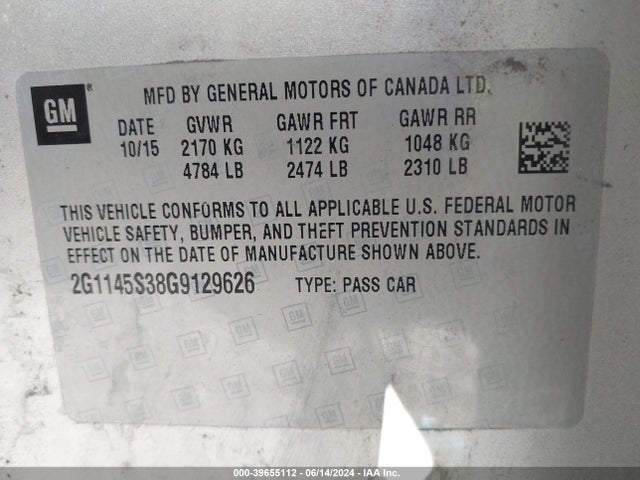 Chevrolet IMPALA 2LZ 2016 2G1145S38G9129626 Image 9