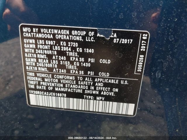 1V2GR2CA2JC516878 Volkswagen Atlas 3.6l V6 S
