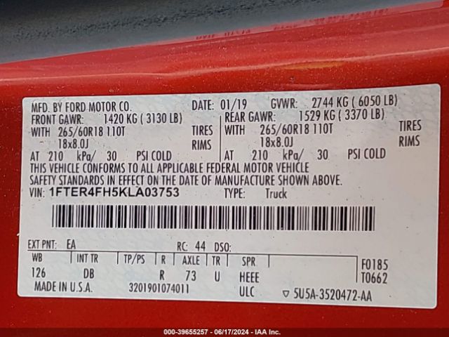 1FTER4FH5KLA03753 Ford Ranger Lariat