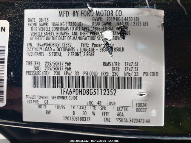 Ford FUSION SE 2016 1FA6P0HD8G5112352 Image 9