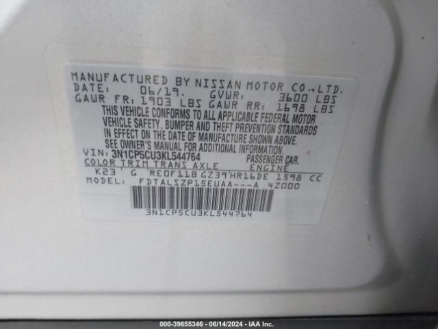 3N1CP5CU3KL544764 Nissan KICKS SV