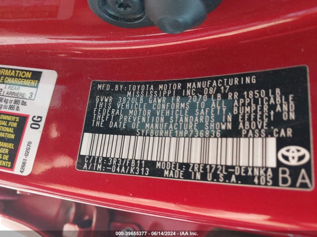 Toyota COROLLA LE 2017 5YFBURHE1HP736836 Image 9