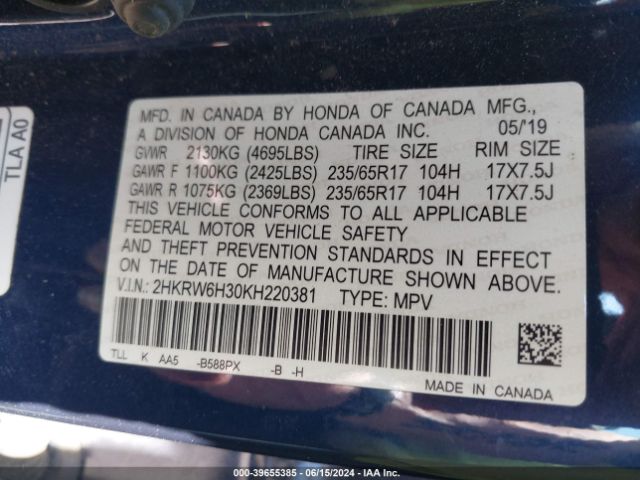 2HKRW6H30KH220381 Honda CR-V LX