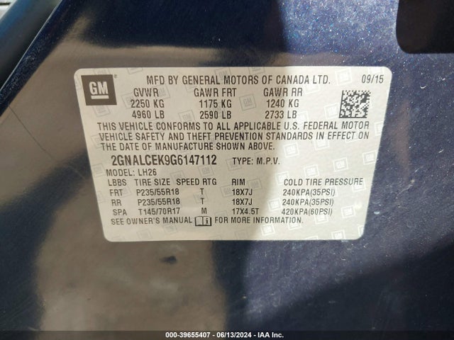 Chevrolet EQUINOX LT 2016 2GNALCEK9G6147112 Image 9